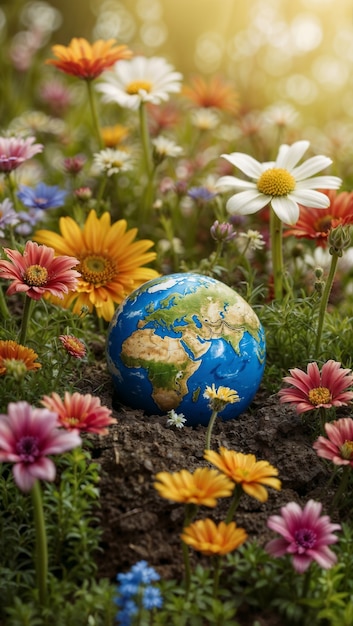 Planet earth globe surrounded by vegetation and nature