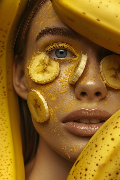 Portrait of  woman interacting with fruits