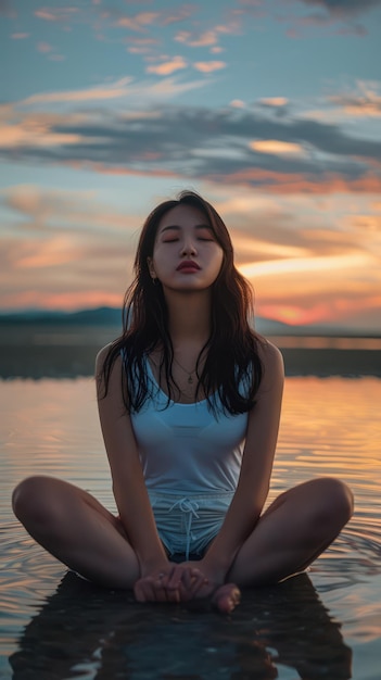 Serene Sunset Meditation Woman Finding Peace and Balance by the Waterside at Dusk Amidst the Calm