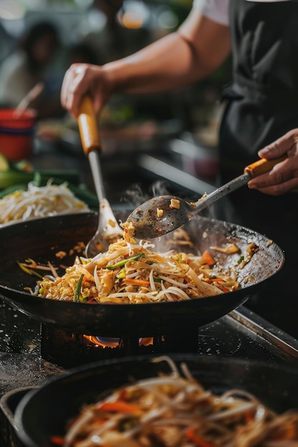 Thai street food in Bangkok Pad Thai in wok emphasizing the natural authentic styling of this Thai