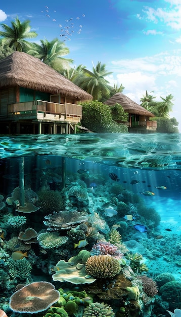 Tropical Paradise Overwater Bungalows with Vibrant Marine Life for Dream Vacation Posters and Cards