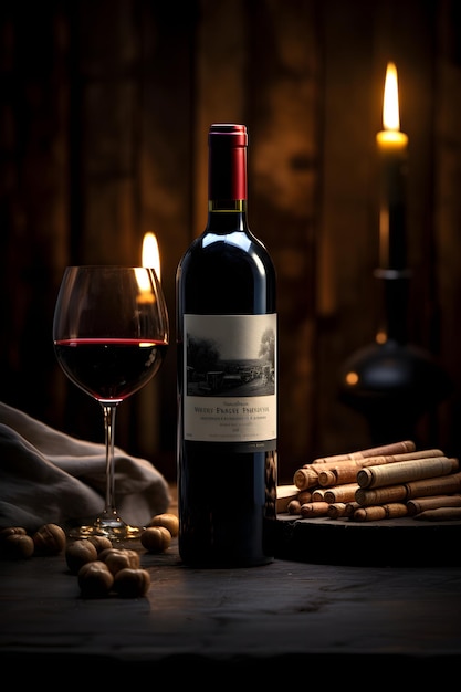 Vintage Bottle of Red Wine on a Rustic Wooden Table in an OldWorld Winery Setting